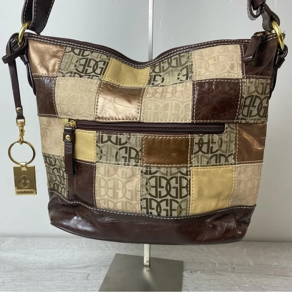 VINTAGE Giani Bernini Brown and Gold Patchwork Leather Hobo Shoulder bag